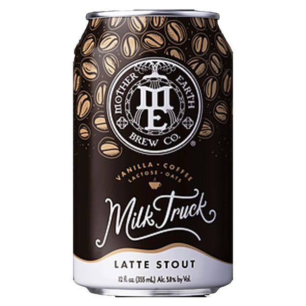 Front view of the latte stout can featuring a coffee bean design.